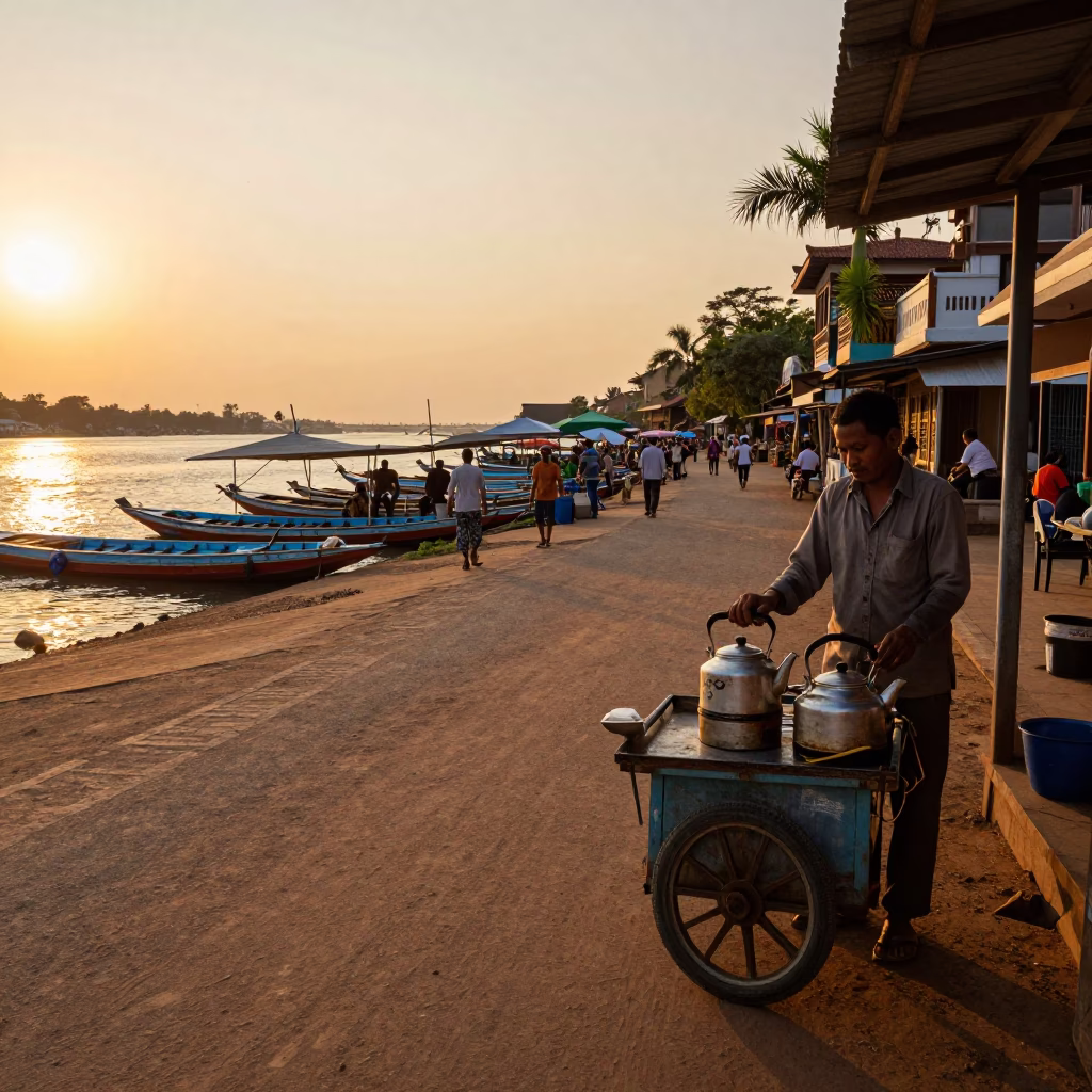 Phnom Penh Sunset Street Scene with Electric Kettle and Peg Basket in in Phnom Penh, Cambodia