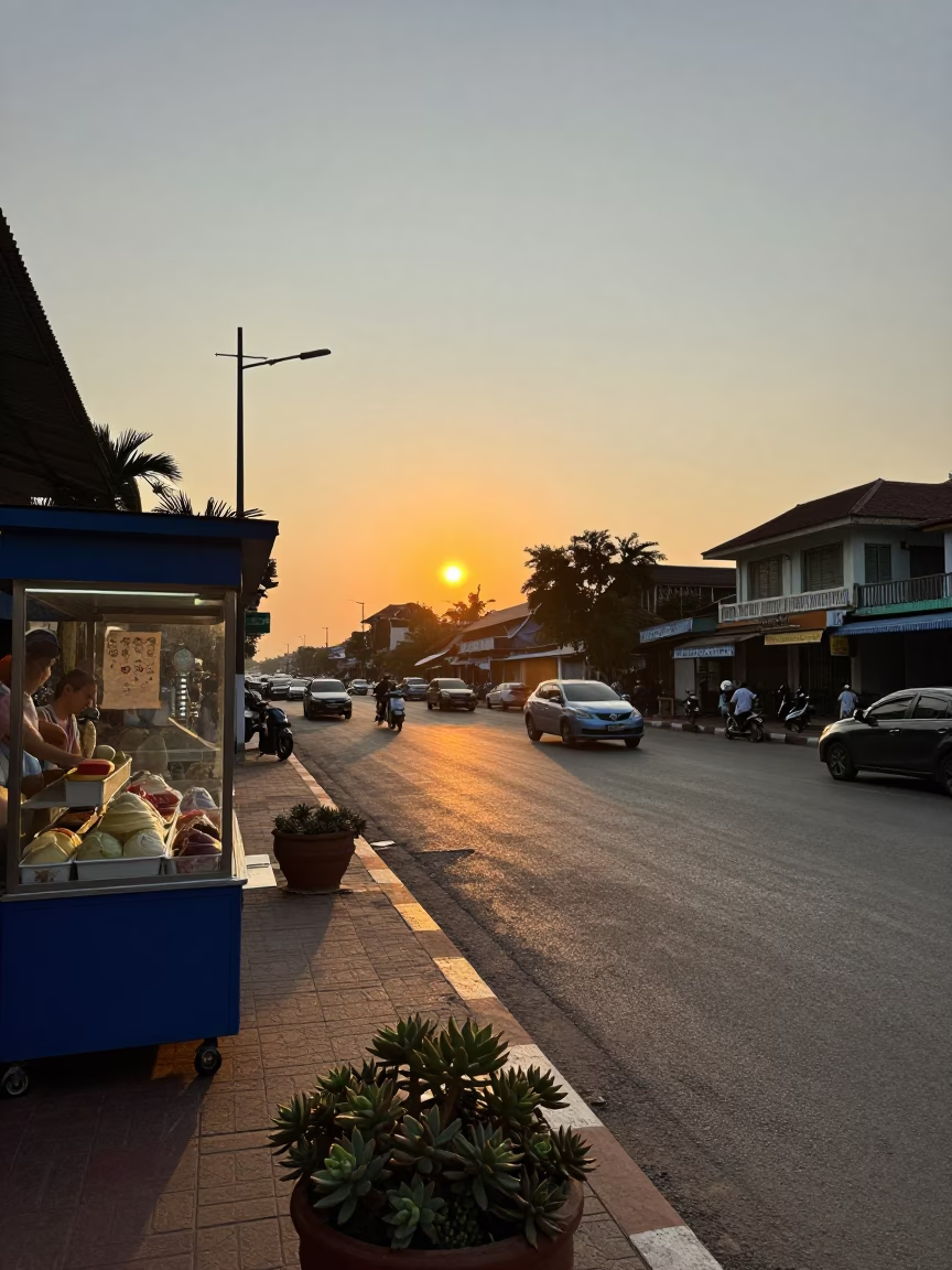 Phnom Penh Sunset Street Scene with Gelato Display and Succulent Wall in in Phnom Penh, Cambodia