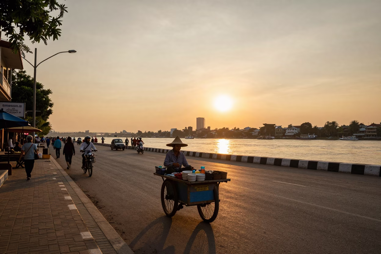 Phnom Penh Sunset Street Scene with Local Vendor and Urban Life in Cambodia in in Phnom Penh, Cambodia