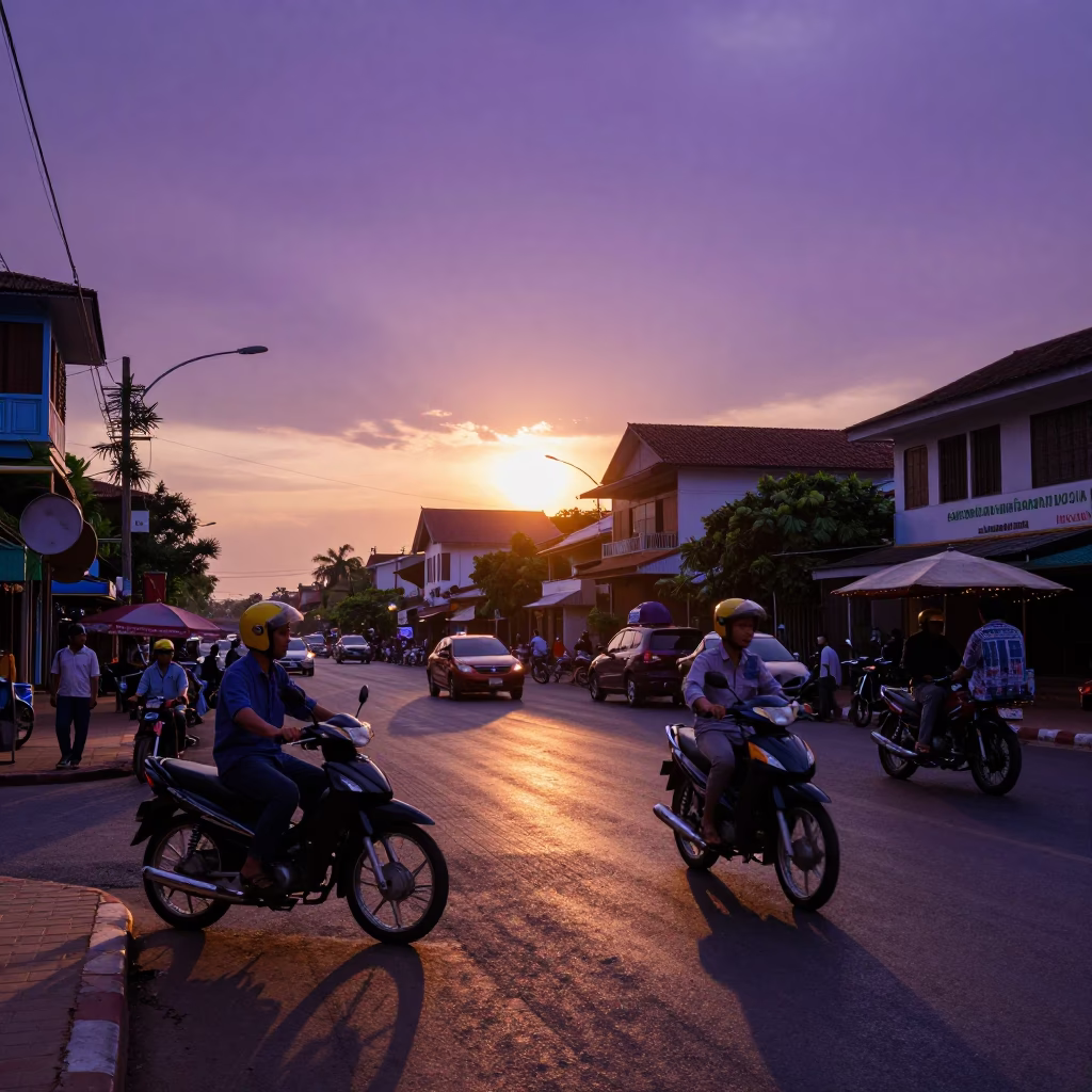 Phnom Penh Sunset Street Scene with Motorbike and Local Vendor in in Phnom Penh, Cambodia