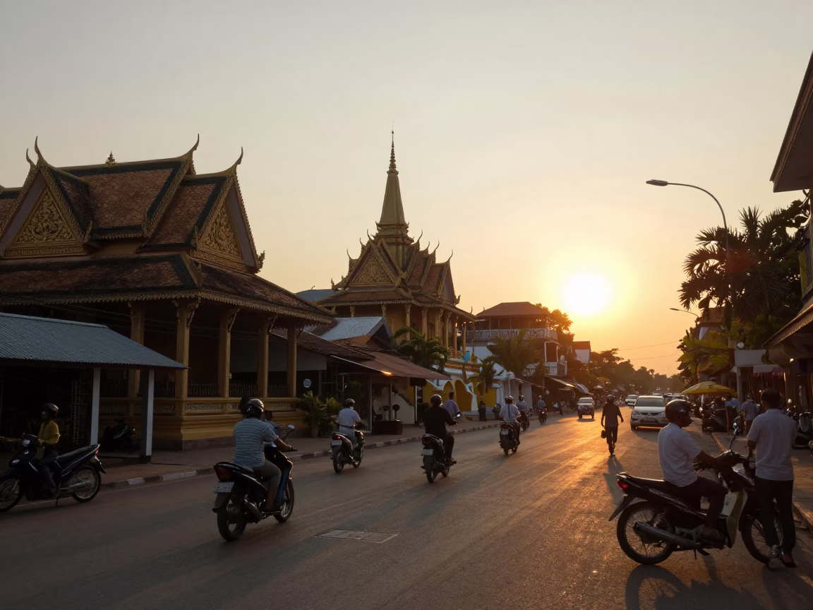 Phnom Penh Sunset Street Scene with Motorbikes and Traditional Architecture in in Phnom Penh, Cambodia