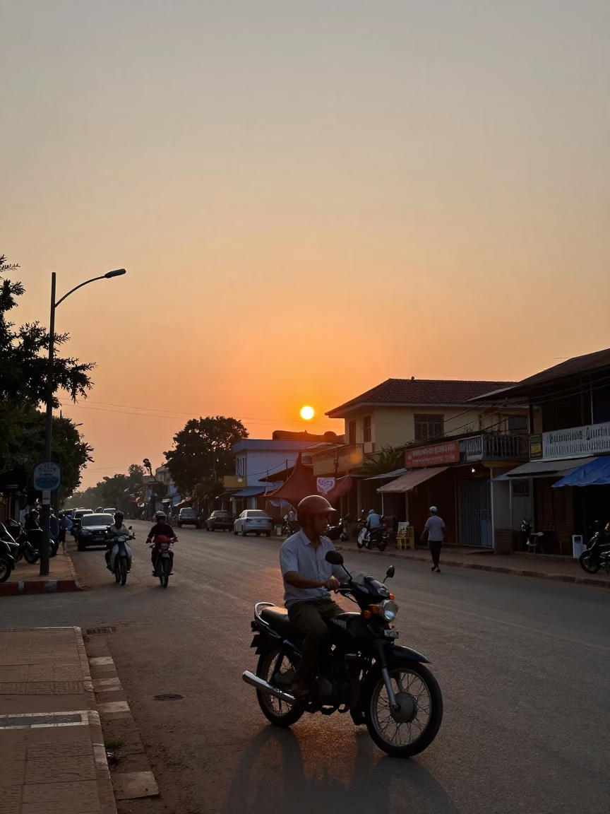 Phnom Penh Sunset Street Scene with Motorcycle and Watering Can in in Phnom Penh, Cambodia