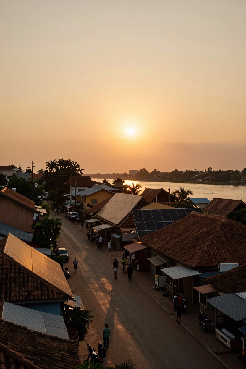 Phnom Penh Sunset Street Scene with Solar Panels and River Life in in Phnom Penh, Cambodia