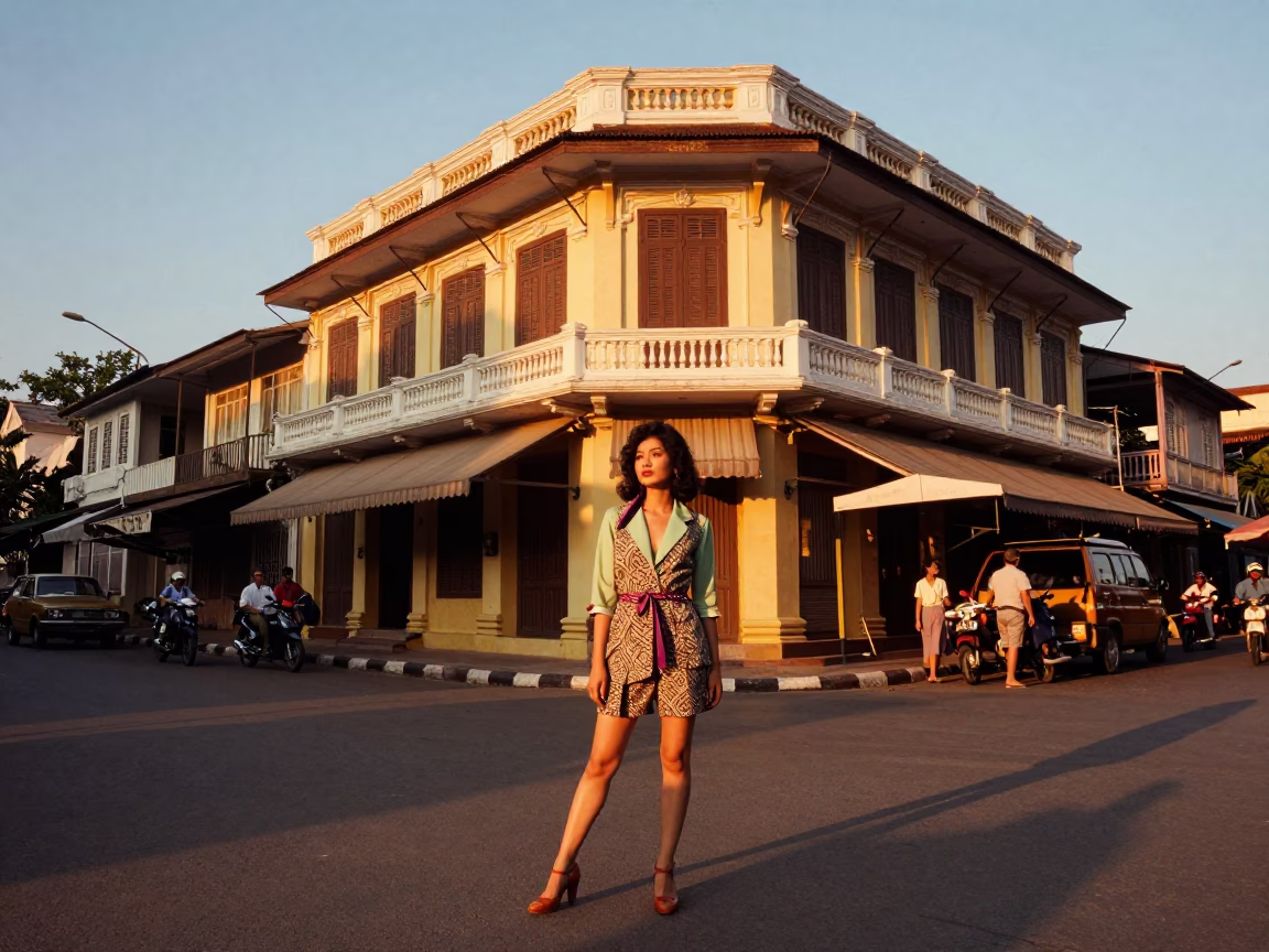 Phnom Penh Sunset Street Scene with Vintage Fashion and Local Market Details in in Phnom Penh, Cambodia