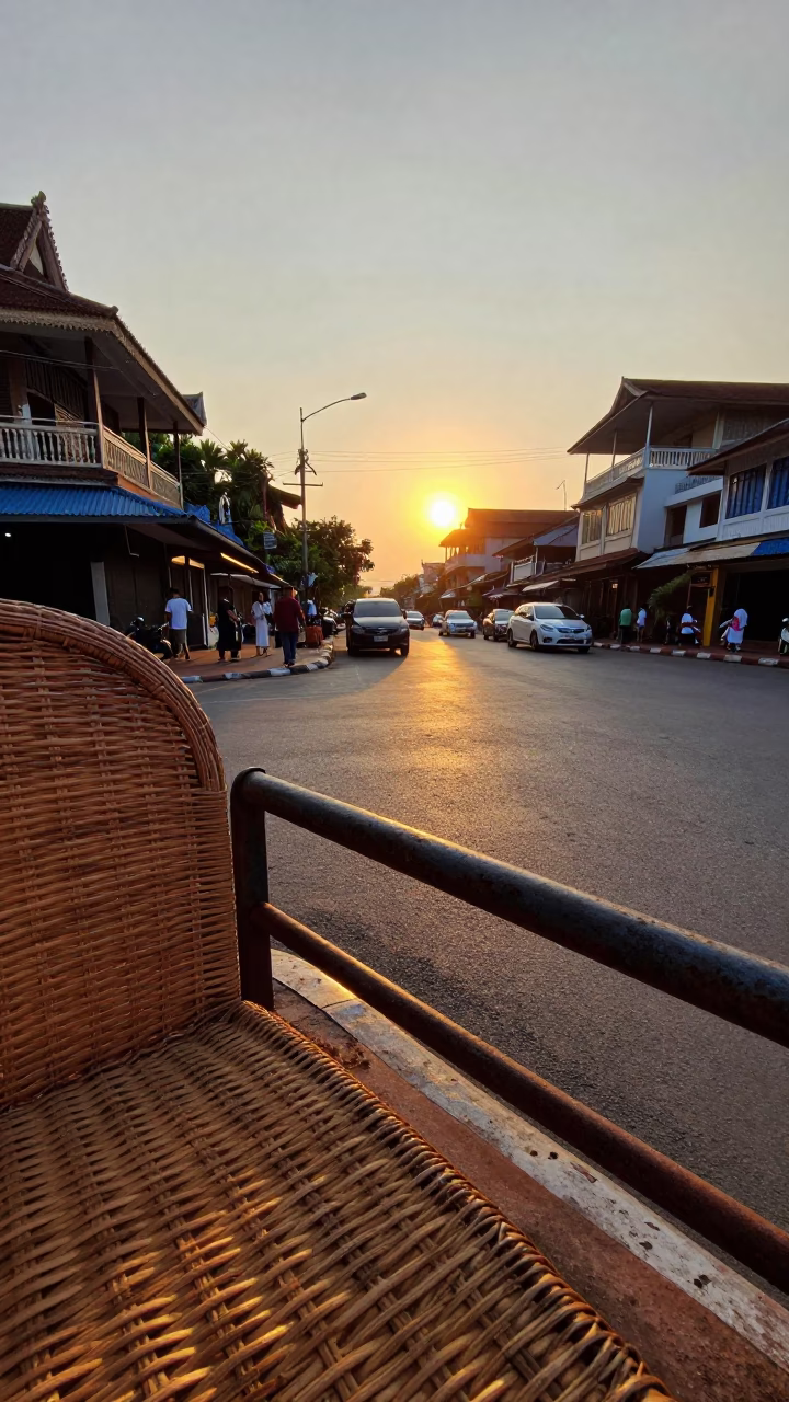 Phnom Penh Sunset Street Scene with Wicker Chair Shadow and Urban Activity in in Phnom Penh, Cambodia