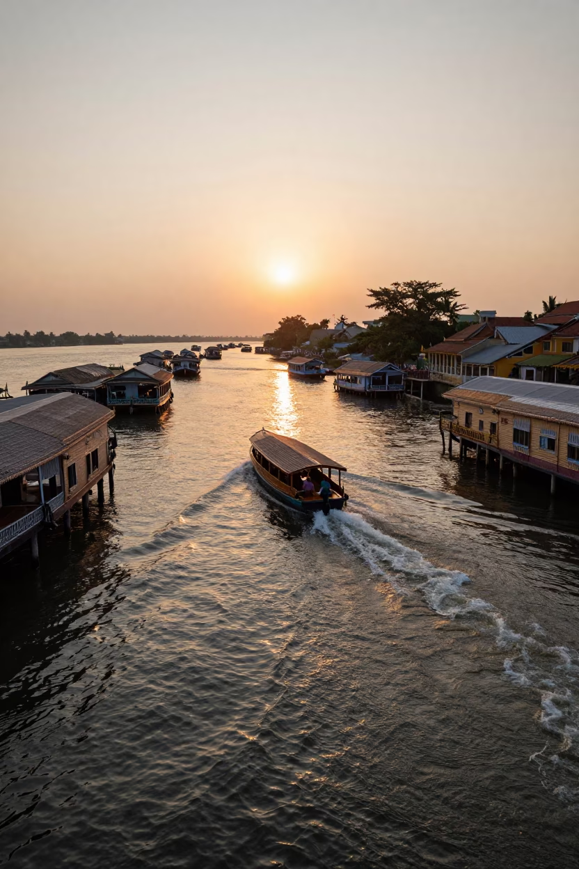 Phnom Penh Sunset Water Taxi Navigating Canal Houseboats Near Drawbridge in in Phnom Penh, Cambodia