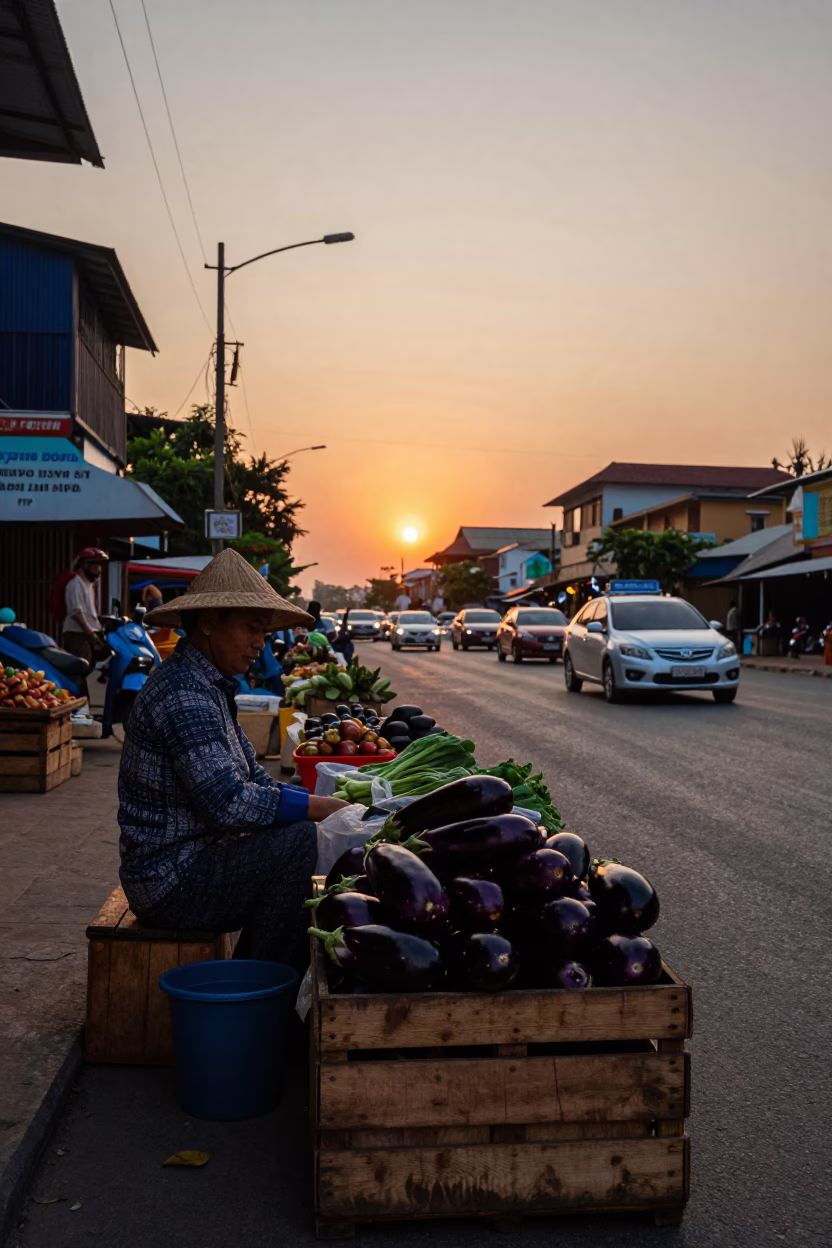Phnom Penh Vendor Stall at As The Sun Drops Toward The Horizon in in Phnom Penh, Cambodia