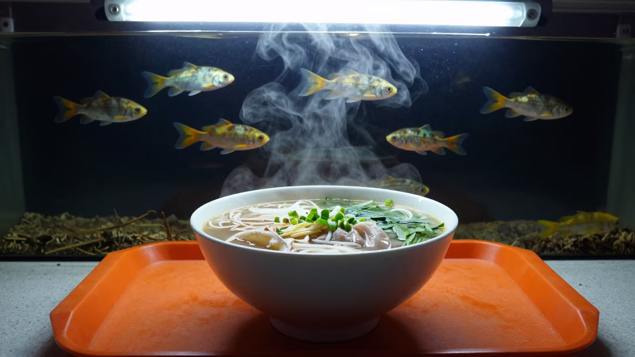Pho Bowl with Flying Tropical Fish Under Night Lights in on a lacquered tray in Namangan