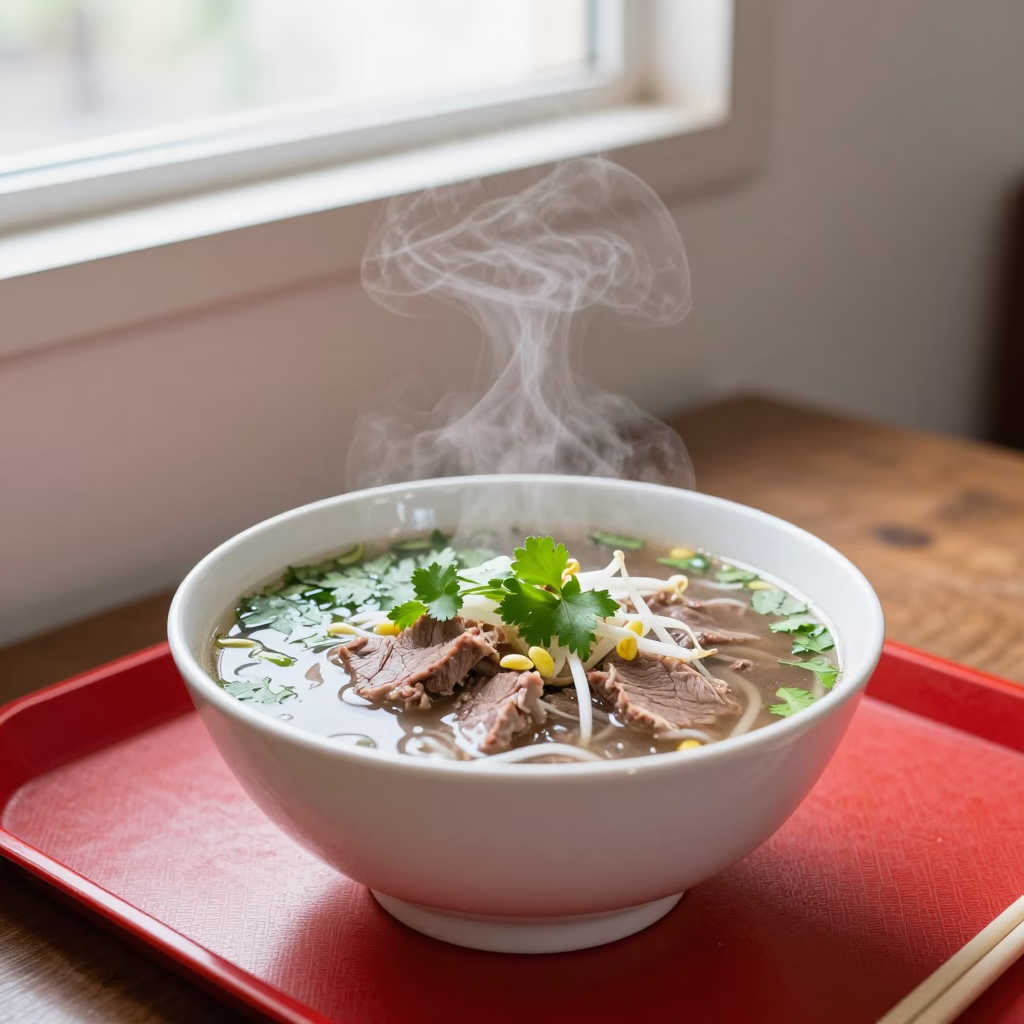 Pho Bowl with Herbs on Lacquered Tray in Khanewal in on a lacquered tray in Khanewal