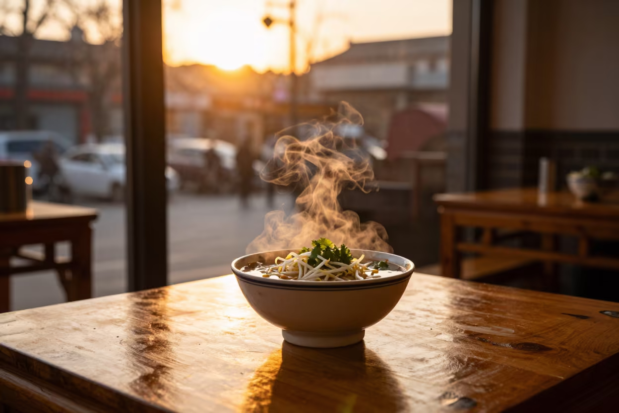 Pho Bowl with Herbs on Window Table in Xian in on a small dining table by a window in Xian