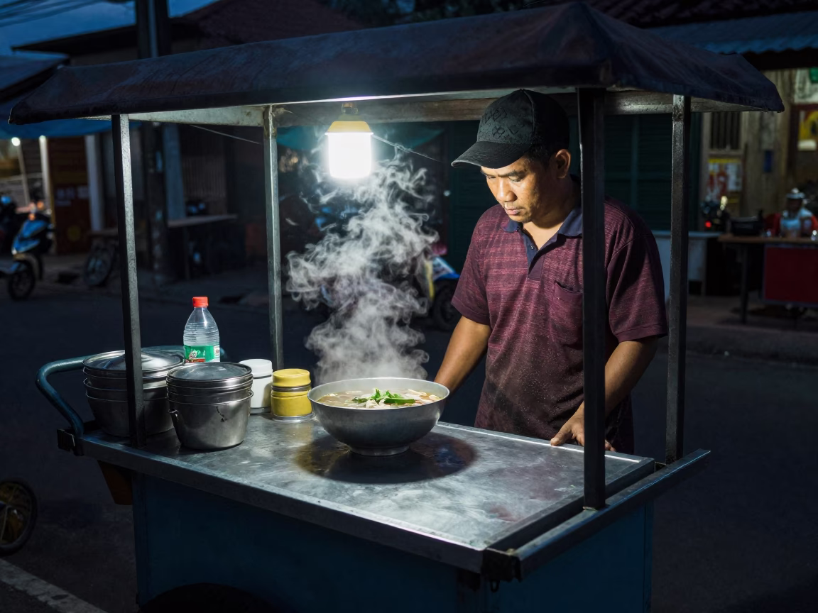Pho Bowl in Surabaya at The Predawn Darkness Light in in Surabaya, Indonesia