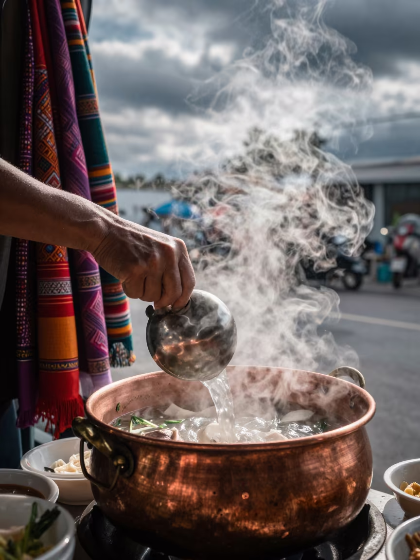 Pho Broth Ladled at Textile Stall in at a textile trader's stall in Ziguinchor