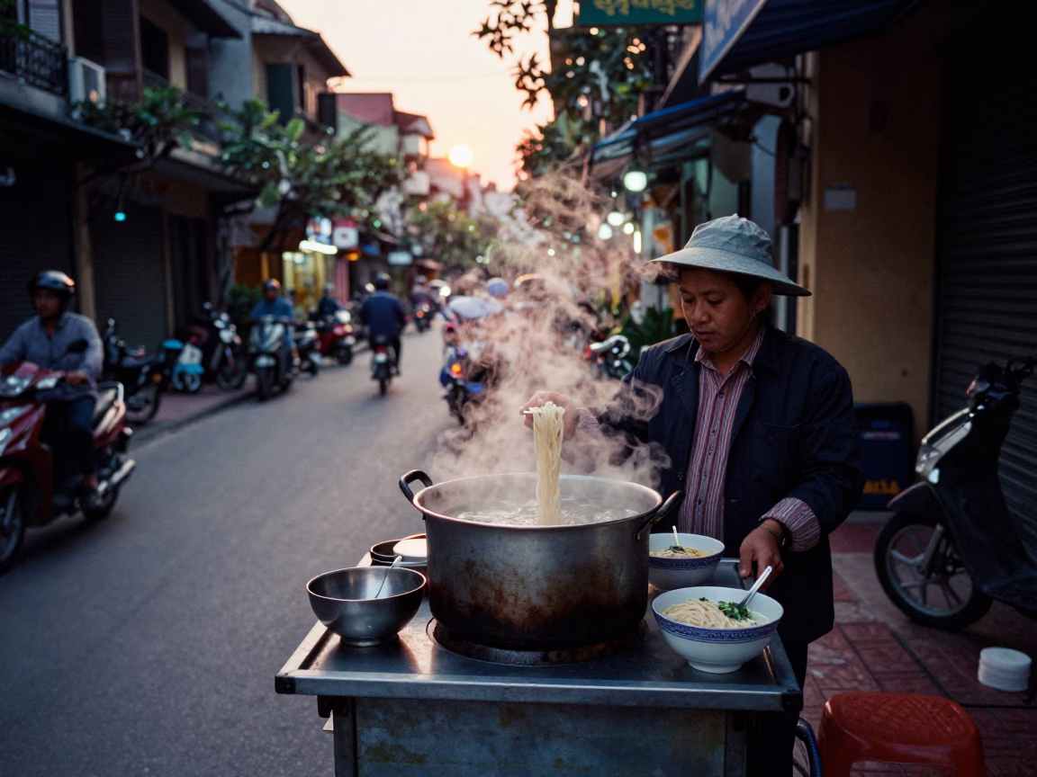 Pho Noodles in Hanoi at The Still Hours Before Dawn Light in in Hanoi, Vietnam