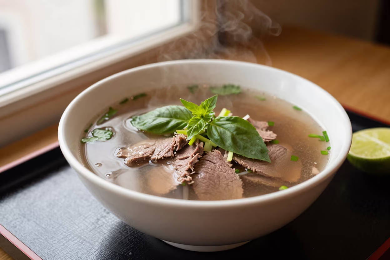 Pho Tai Bowl with Basil Lime on Tray in on a lacquered tray in Athens