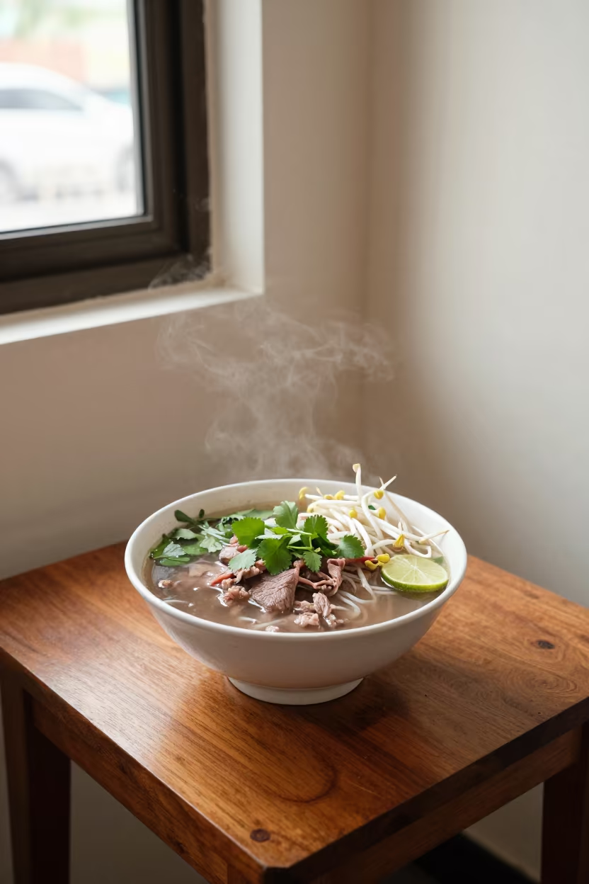 Pho Tai Bowl with Herbs and Lime in Karachi in on a small dining table by a window in Karachi