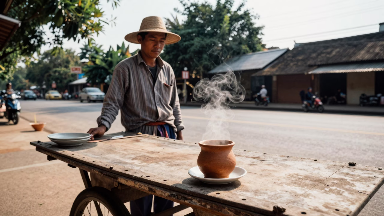 Pho Tai in Luang Prabang at The Flat Glare Of Noon Light in in Luang Prabang, Laos