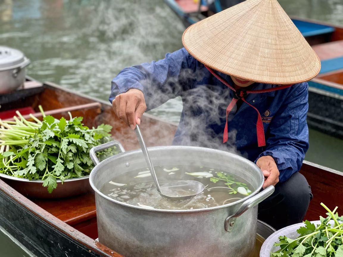 Pho Vendor Ladling Broth on Hanoi Market Boat in at a floating market boat in Gurgaon