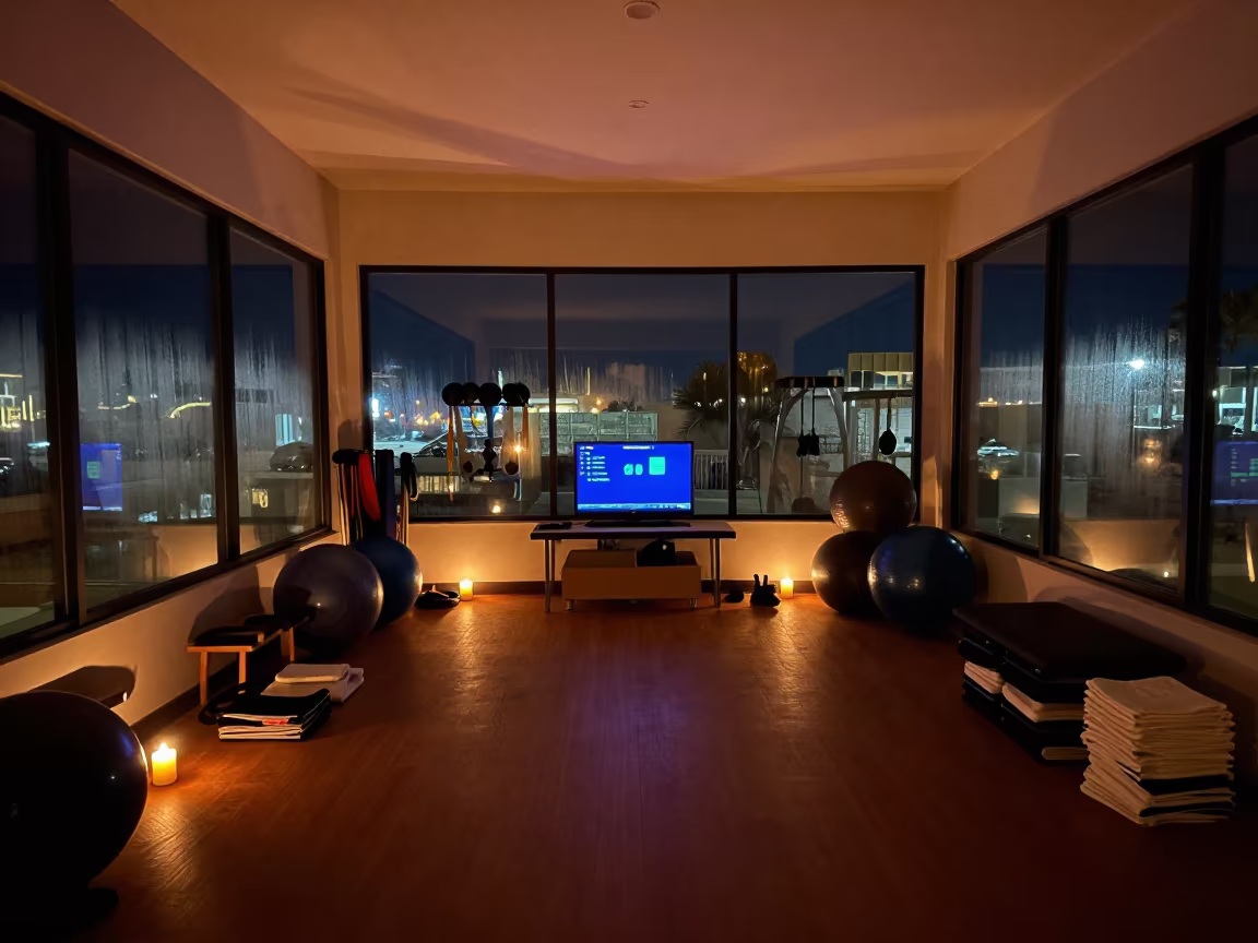 Phoenix Rehab Room Night with Candlelight Glow in inside a rehab gym prepared for the first patients in Phoenix