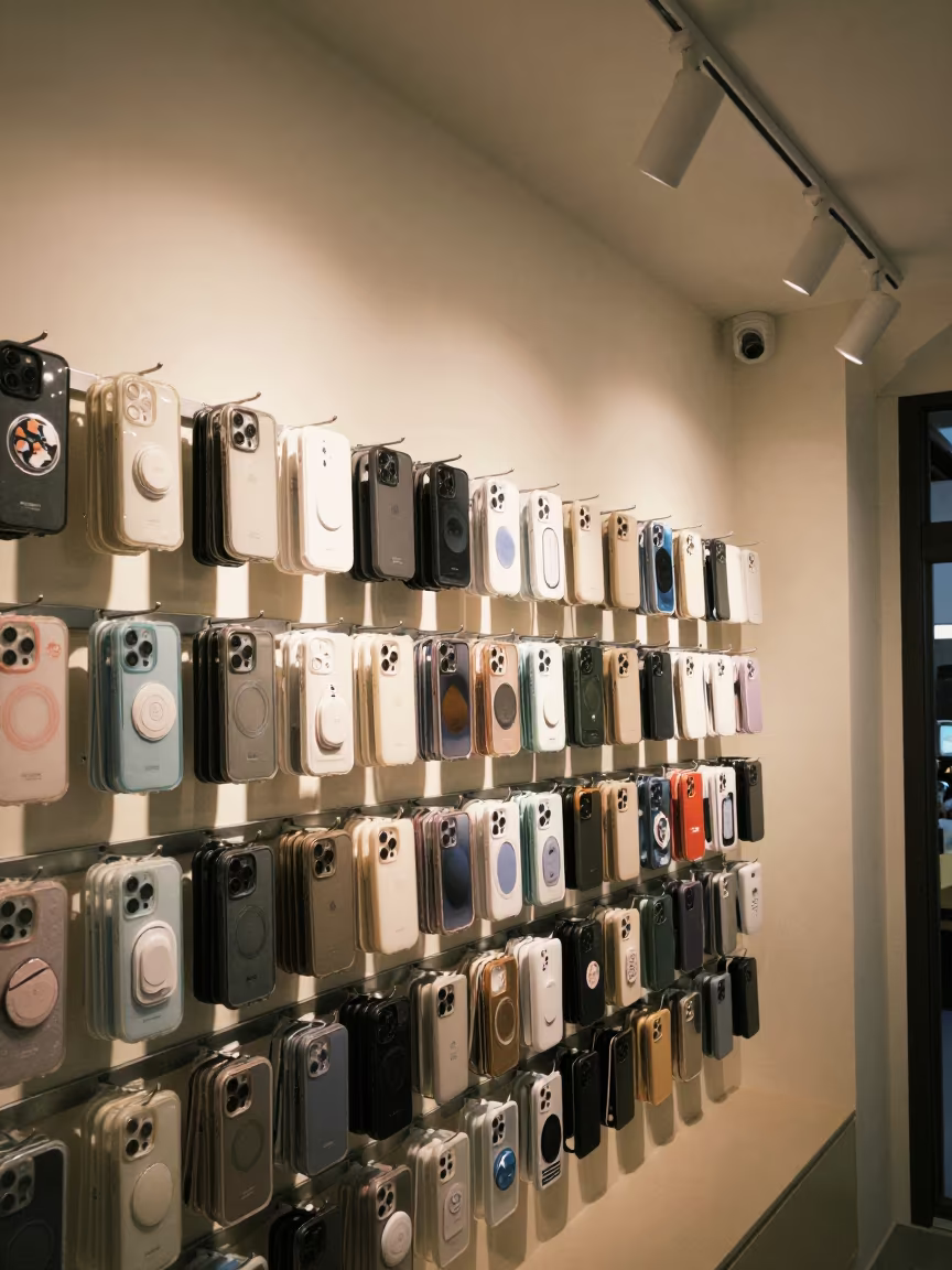Phone Accessories Display in Da Nang Night in at a checkout lane under flat store light near Da Nang