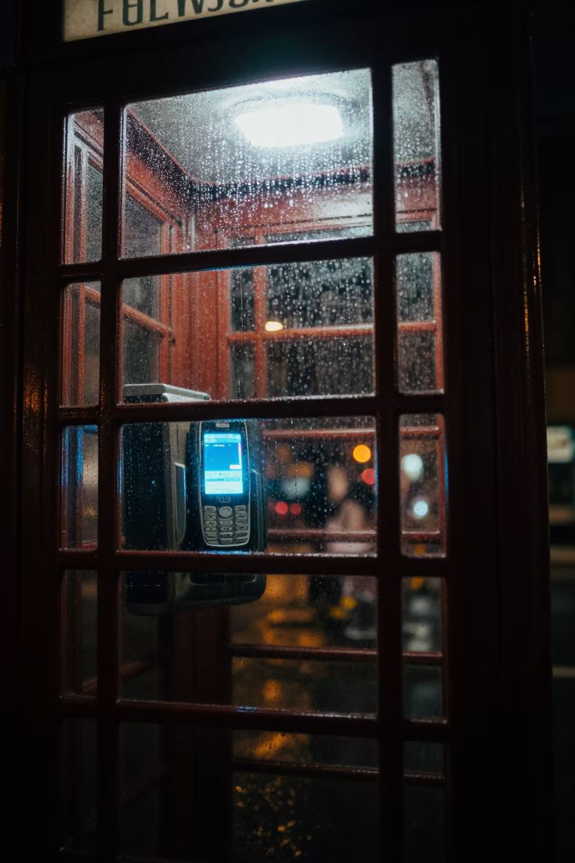 Phone booth interior lit by screen at night in by a rain-darkened kiosk in Windsor