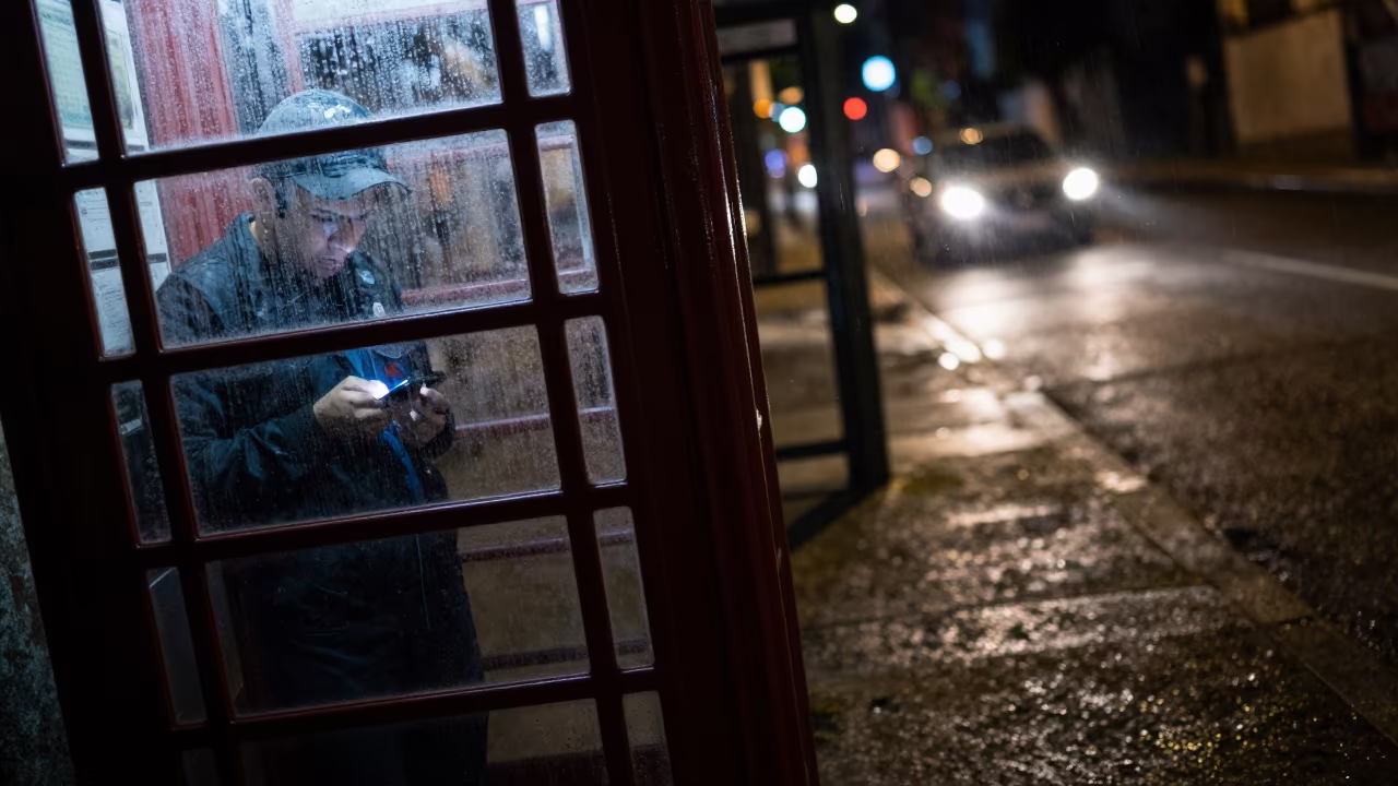 Phone Booth Interior Night Caracas Drizzle in beside a steamed-up bus shelter in Caracas