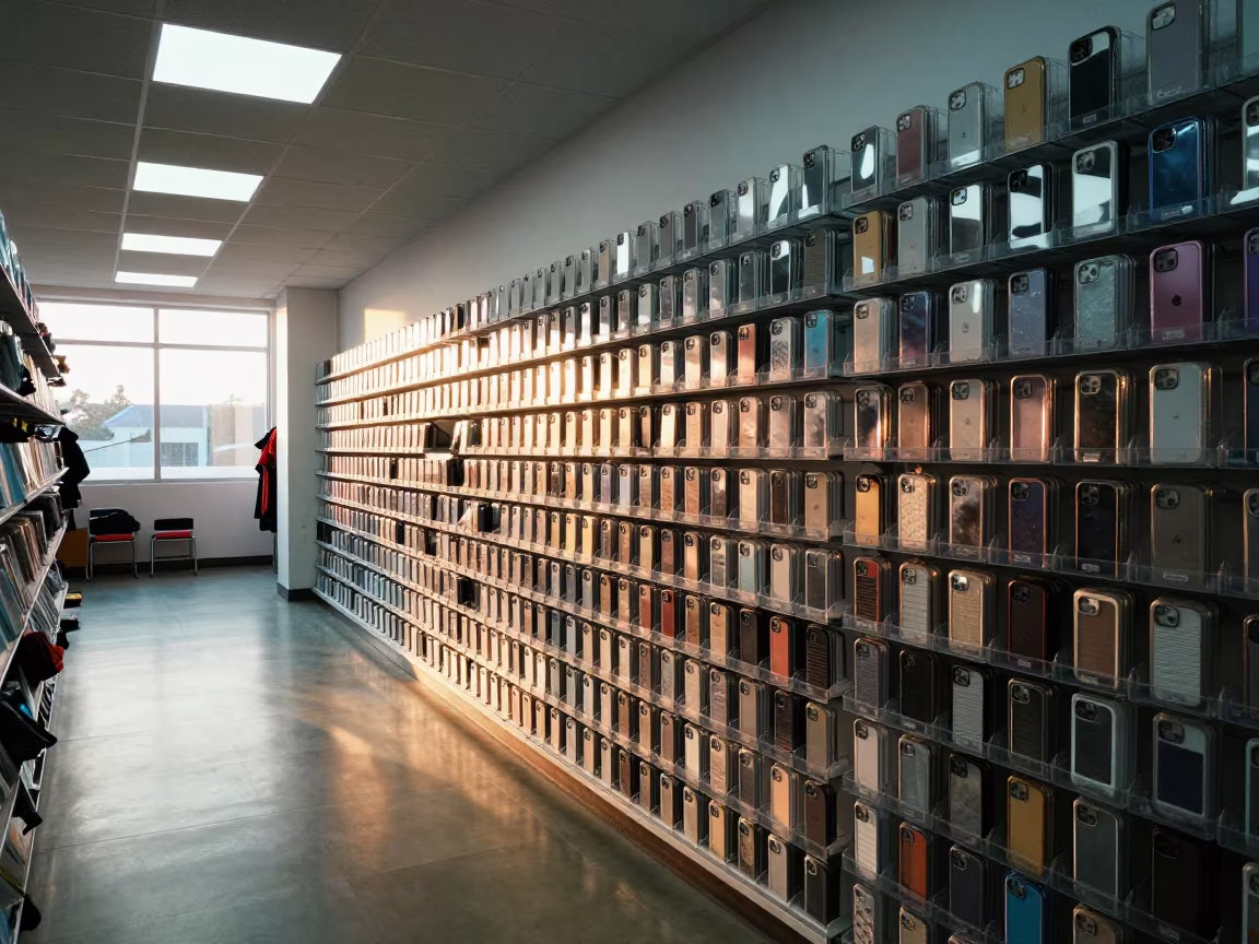 Phone Case Pegwall Bin in Golden Hour Retail Corridor in inside a fitting room corridor near Batala