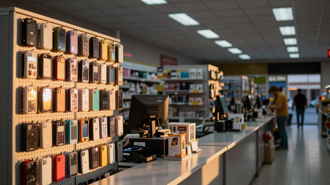 Phone Case Pegwall Bin Under Honey Window Light in at a checkout lane under flat store light in Lyon