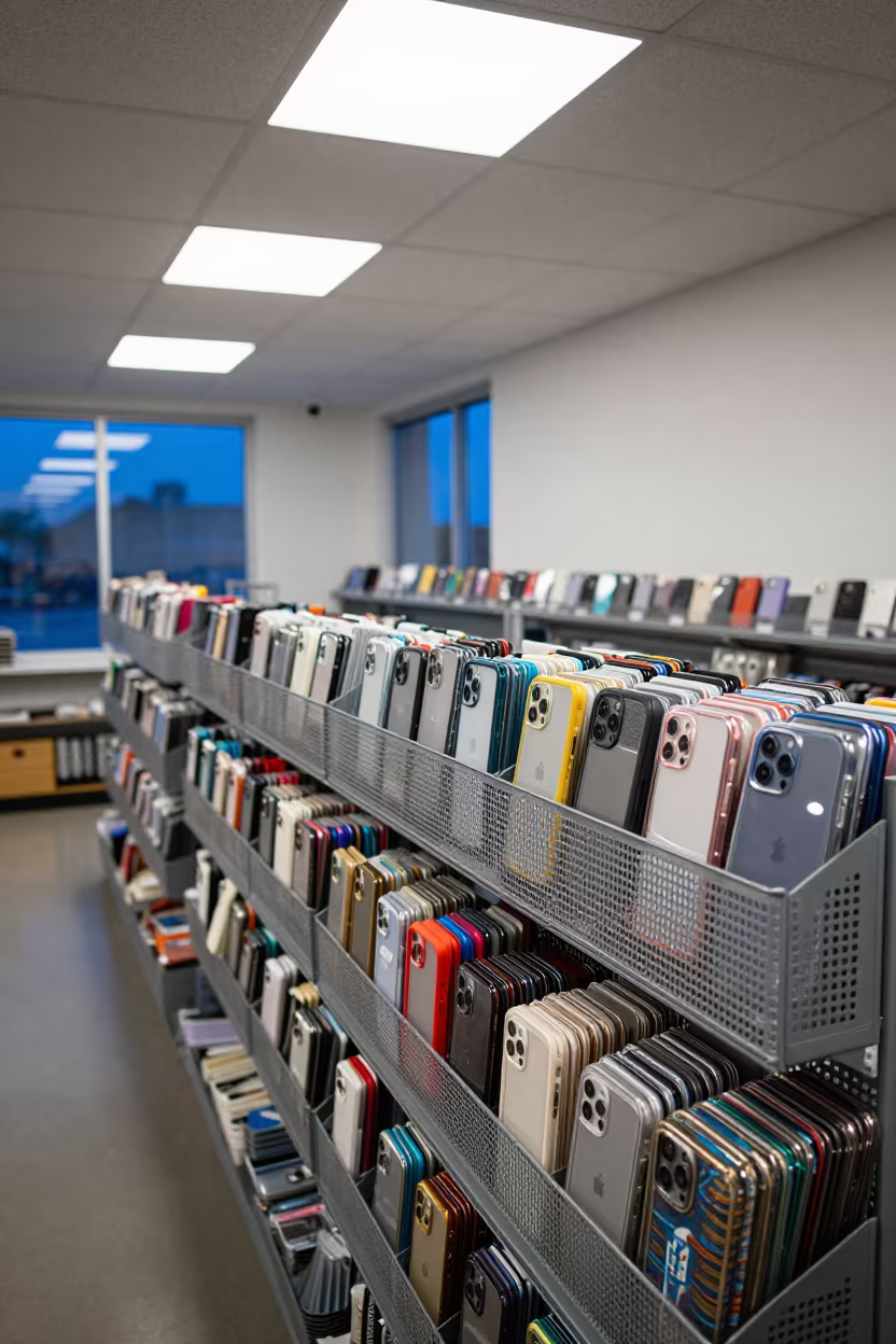 Phone Case Pegwall Bin Stockroom Victoria Seychelles in inside a stockroom behind the sales floor in Victoria Seychelles