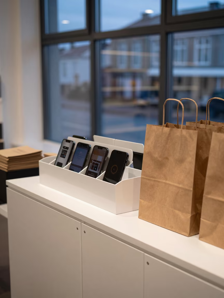 Phone Trade-in Caddy at Reykjavik Retail Counter in at a cash wrap counter with bags stacked nearby in Reykjavik