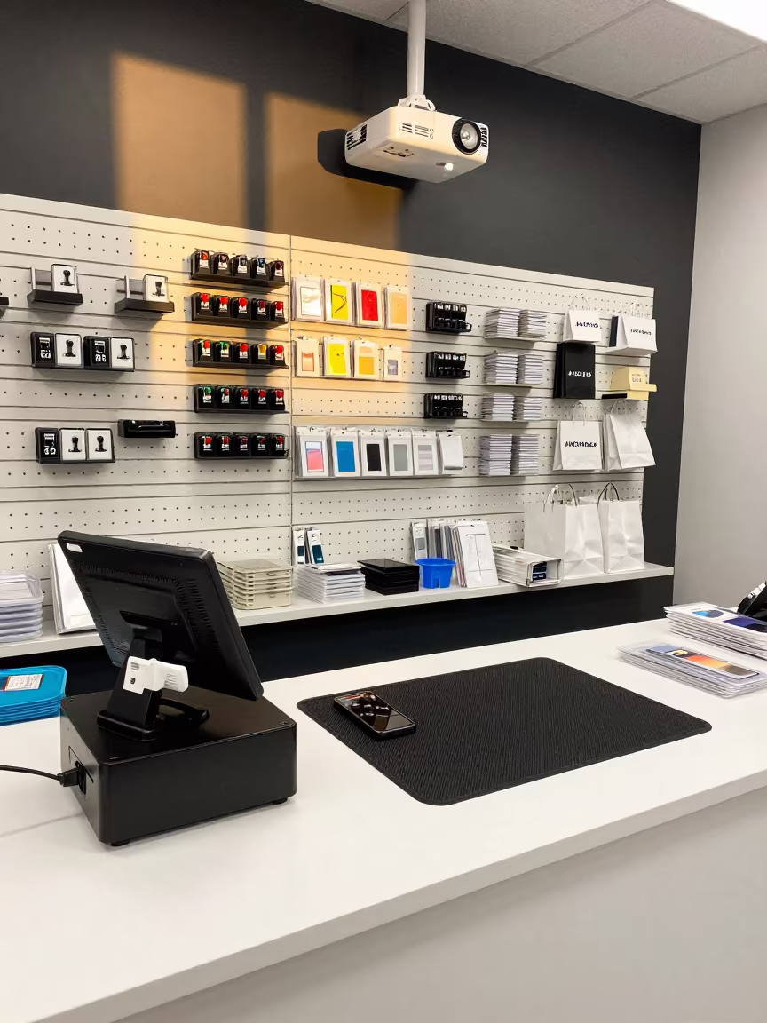 Phone Trade-In Mat at Anchorage Counter Night in at a cash wrap counter with bags stacked nearby in Anchorage