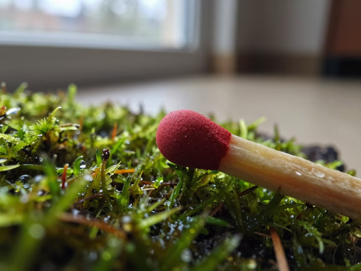 Phosphorus Match Head on Moss in on dew-soaked moss in León de Los Aldama