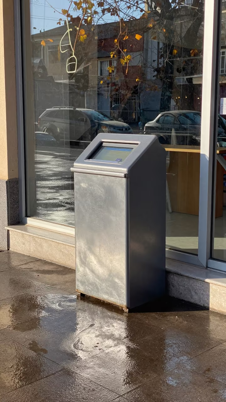 Photo Print Bin Storefront Hama Morning in along a storefront glass line on a wet street near Hama