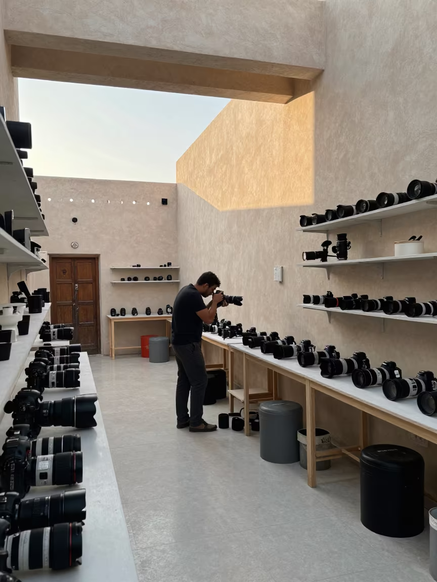 Photographer Changes Lens at Desert Overlook Dawn in in an atelier in Gold Souk, Dubai
