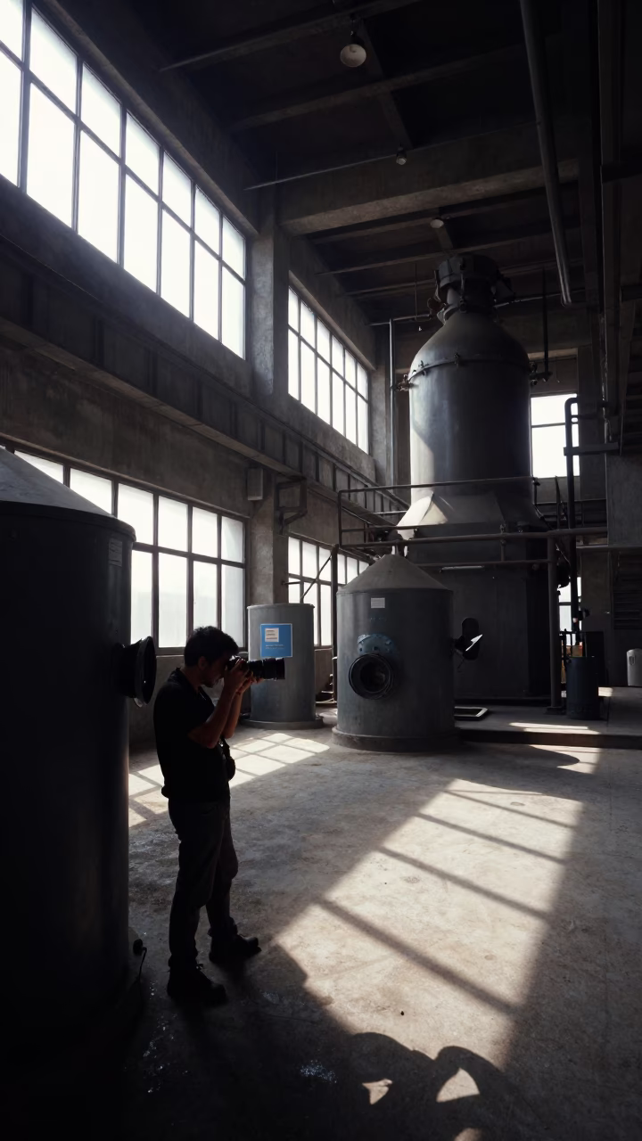 Photographer Changing Lens at Desert Overlook in in a foundry in Dubai