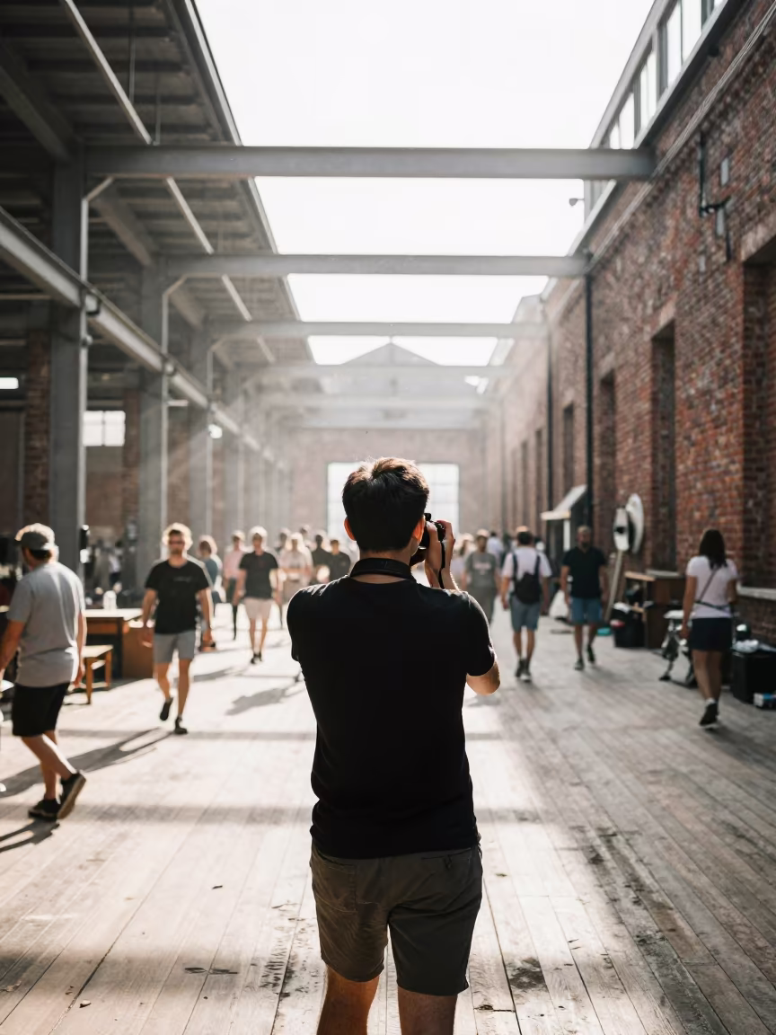 Photographer in Loft Amid Dust and Light in in a warehouse loft in Uppsala
