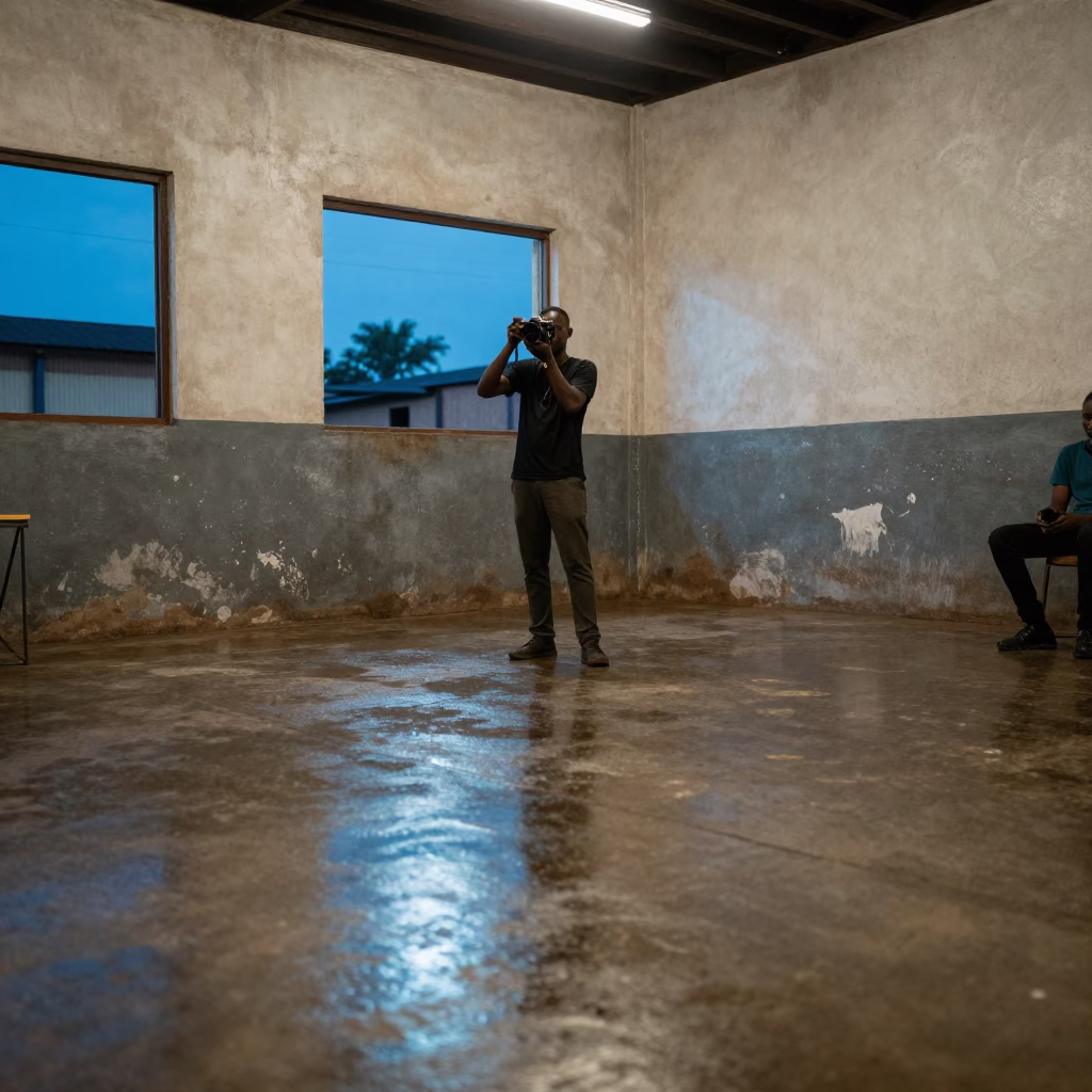 Photographer Raises Camera in Sokodé Rehearsal Room in in a rehearsal room in Sokodé