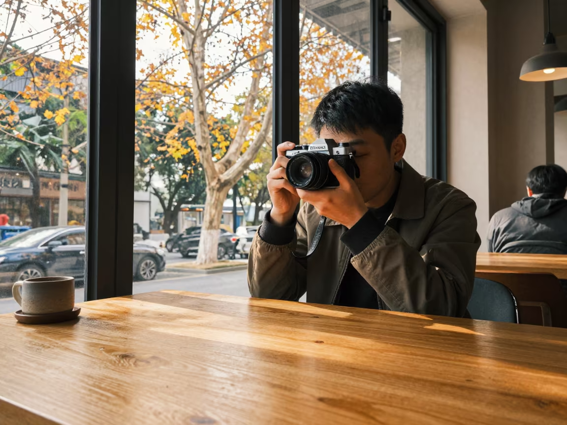 Photographer with Vintage Camera in Anyang Cafe in in a cafe in Anyang