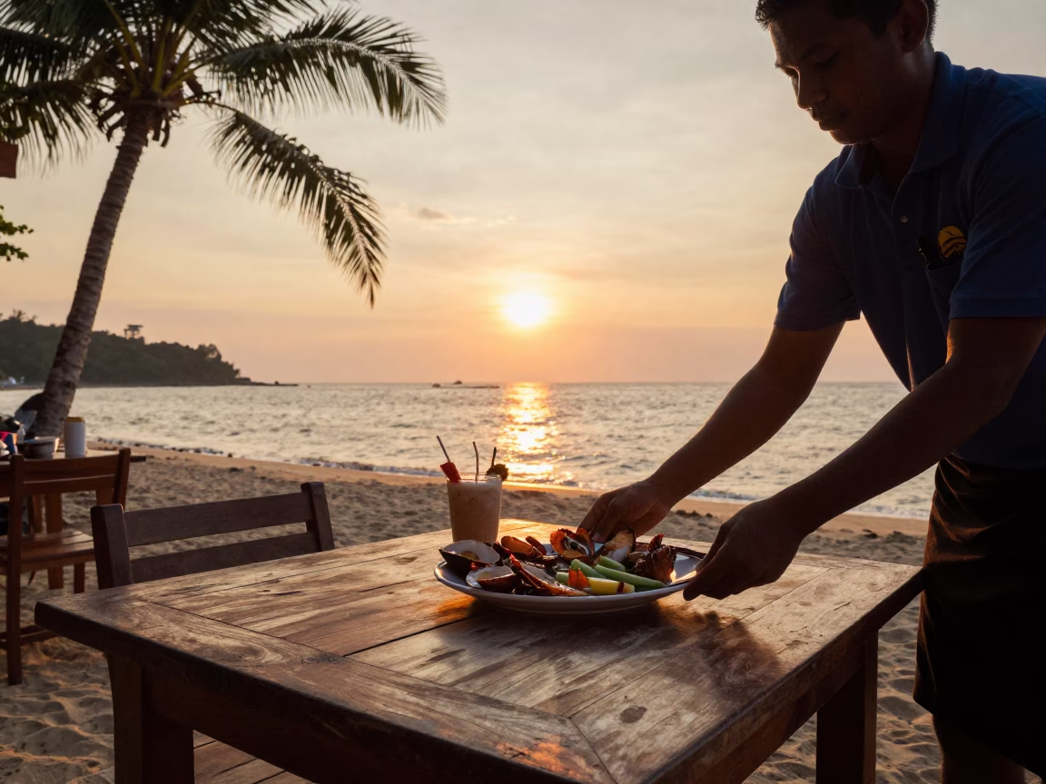 Phuket Beachfront Restaurant at As The Sun Drops Toward The Horizon in in Phuket, Thailand