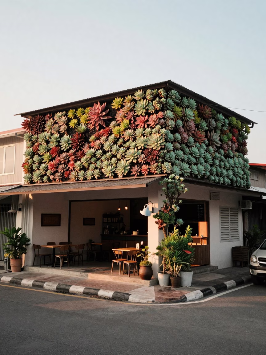 Phuket Cafe Morning with Living Wall Succulents and Watering Jug at Dawn in in Phuket, Thailand