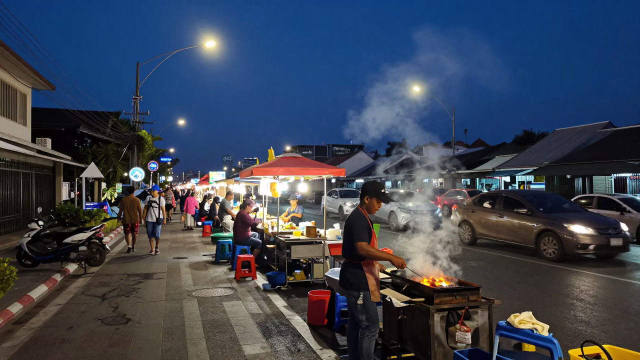 Phuket City Lights Glow Over Street Food Vendor and Cable Car in Evening in in Phuket, Thailand