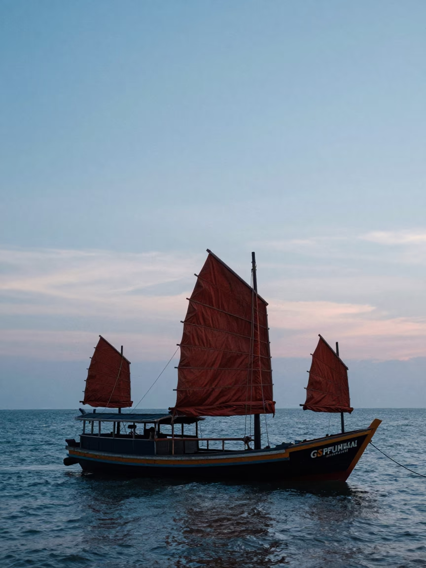 Phuket Junk Boat at Nautical Dawn Light in in Phuket, Thailand