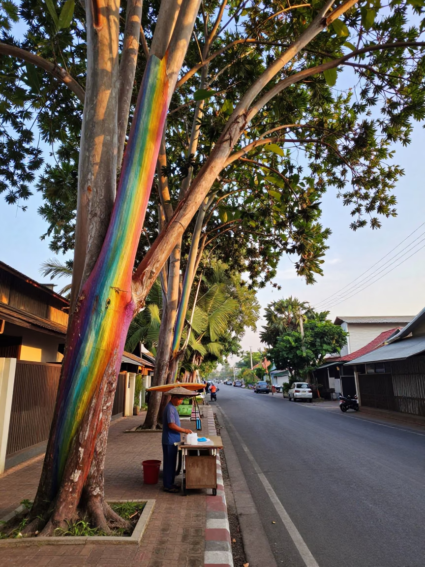 Phuket Morning Street Scene with Rainbow Eucalyptus and Local Vendor After Sunrise in in Phuket, Thailand