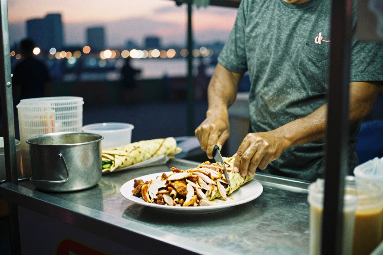 Phuket Street Food Stall at Dusk with Chicken Shawarma and Pickles in in Phuket, Thailand