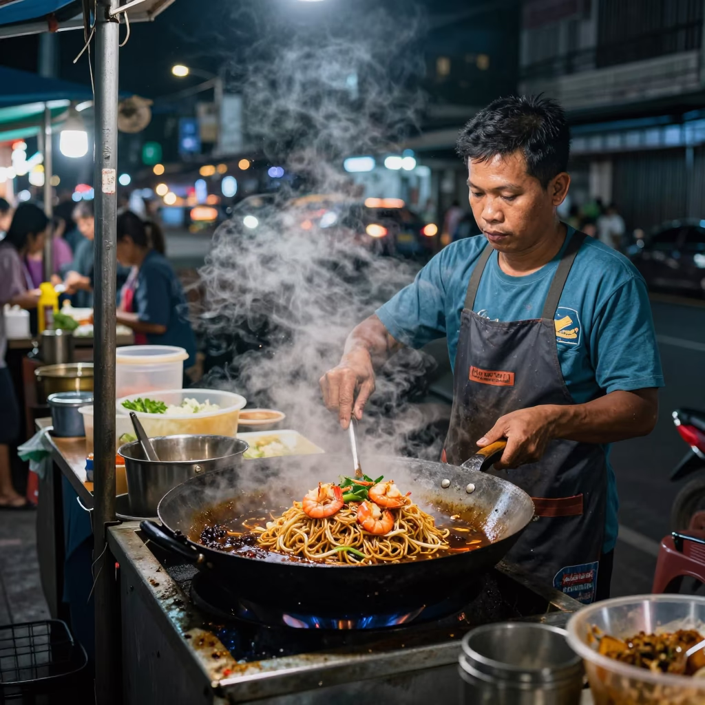 Phuket Street Food Vendor Cooking Pad Thai Under Glowing Neon City Lights at Dusk in in Phuket, Thailand
