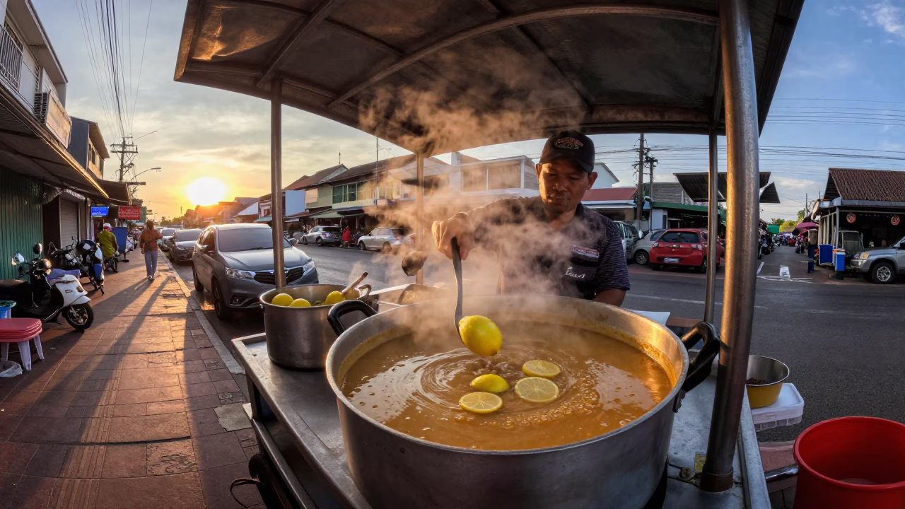 Phuket Street Food Vendor Preparing Harira Soup with Lemon Wedge at Sunset in in Phuket, Thailand