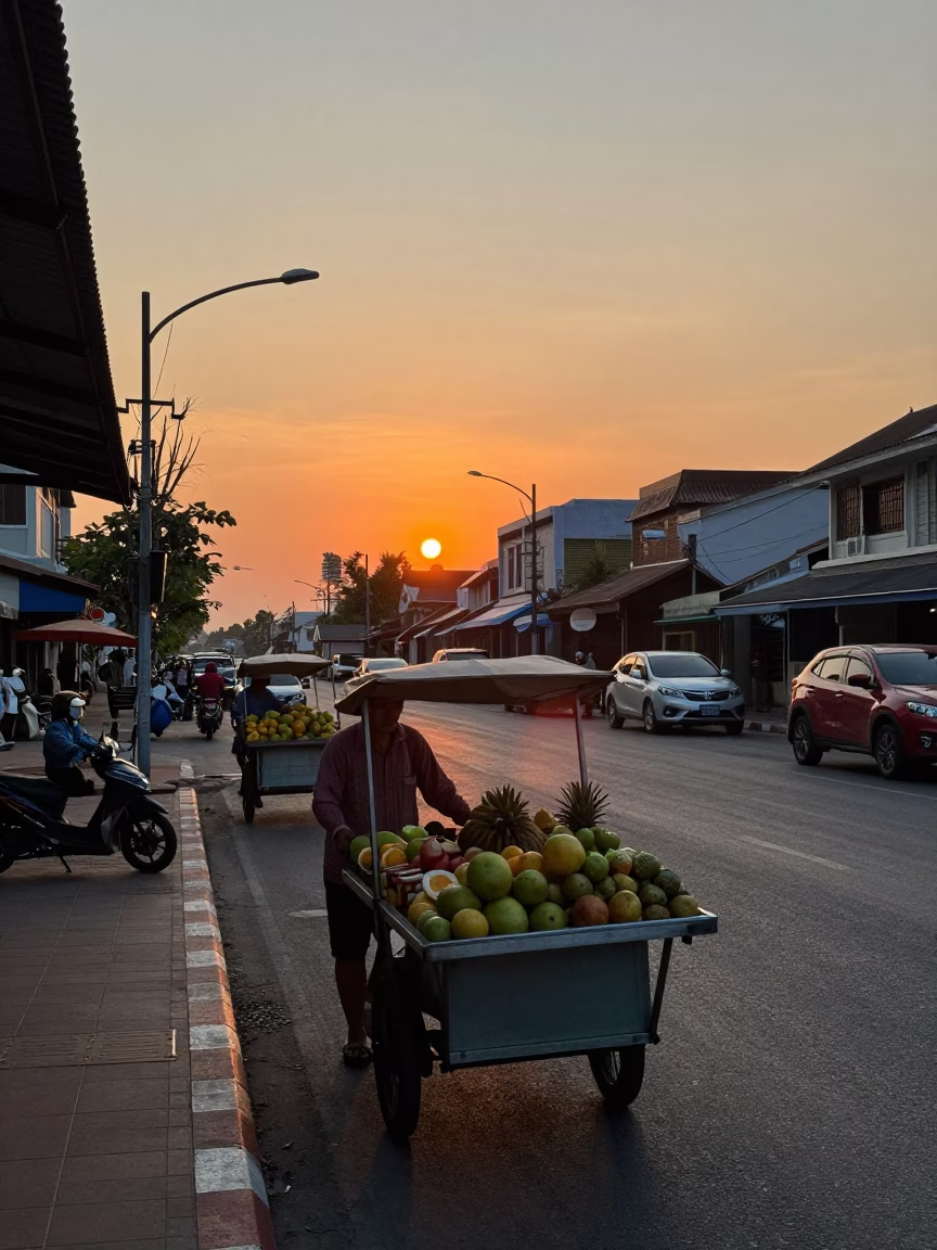 Phuket Street Scene at Dusk with Rolling Carts and Flowerpot Amidst Tropical Sunset in in Phuket, Thailand