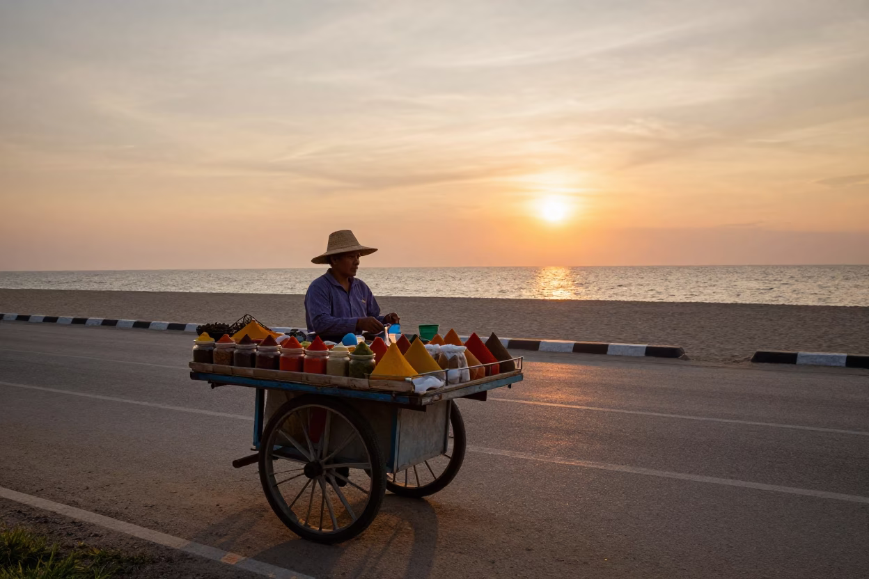 Phuket street vendor selling spices near sunset in in Phuket, Thailand