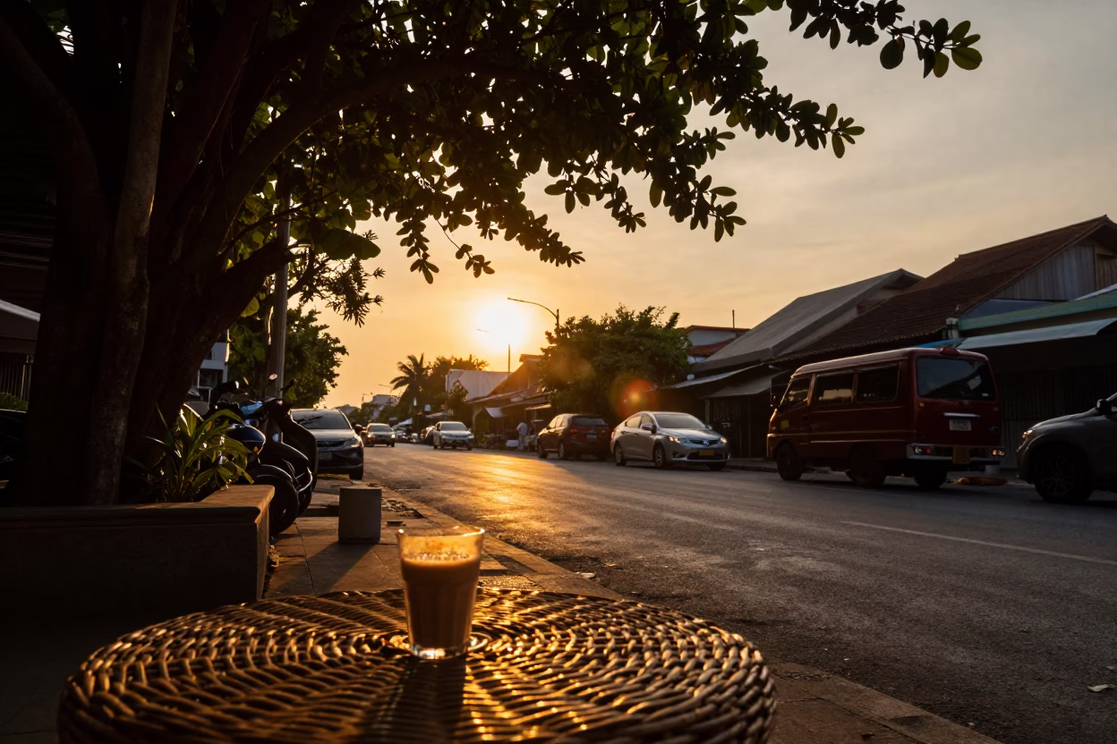 Phuket Sunset Street Scene with Wicker Shadow and Chai Steam in Thailand in in Phuket, Thailand