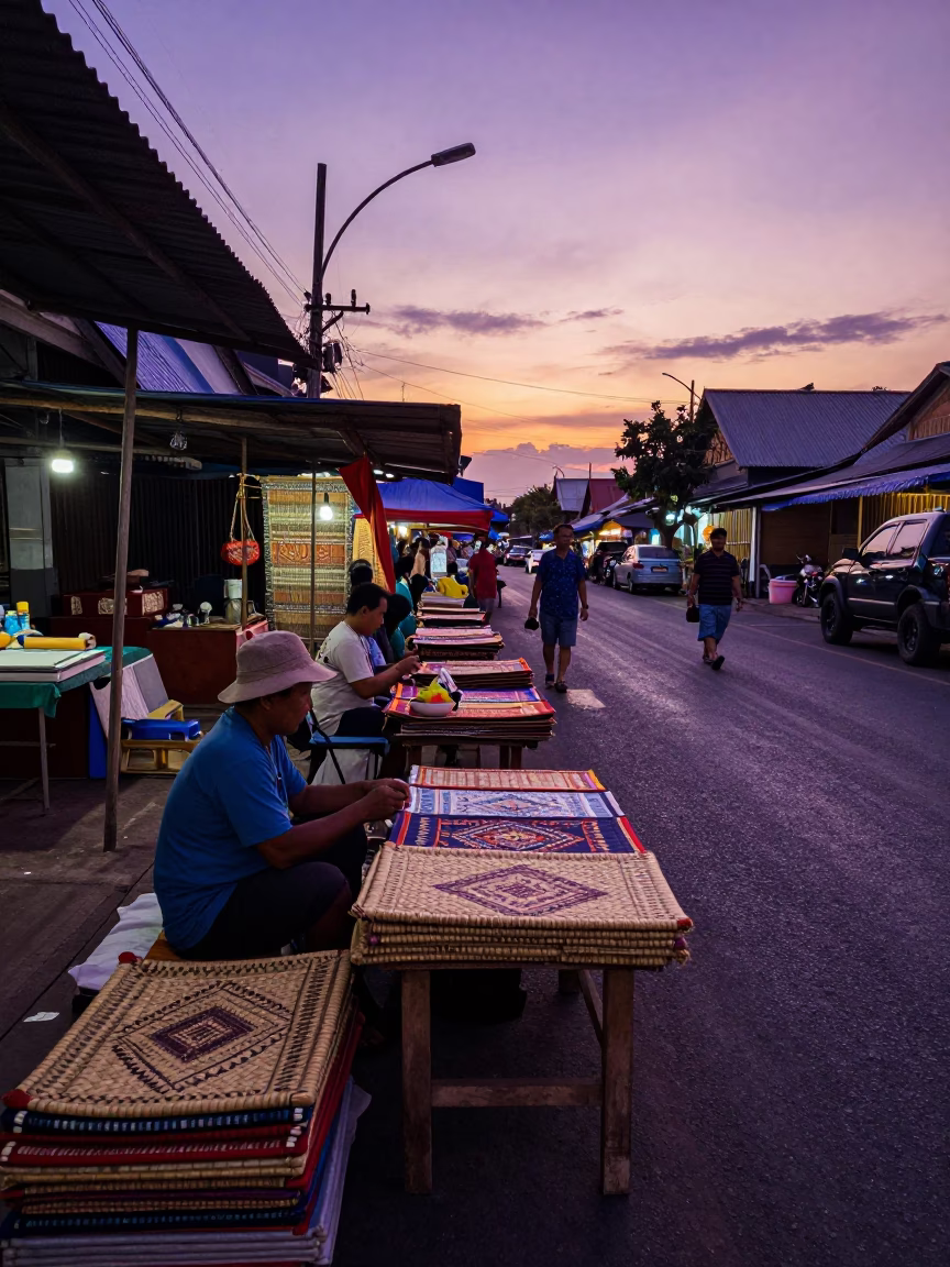 Phuket Sunset Street Scene with Woven Mats and Local Commerce in in Phuket, Thailand