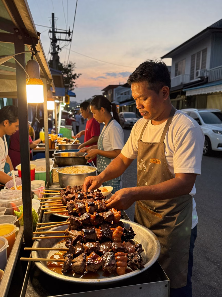 Phuket Thailand 1950s Honeyed Evening Street Scene with Anticuchos and Tropical Flora in in Phuket, Thailand